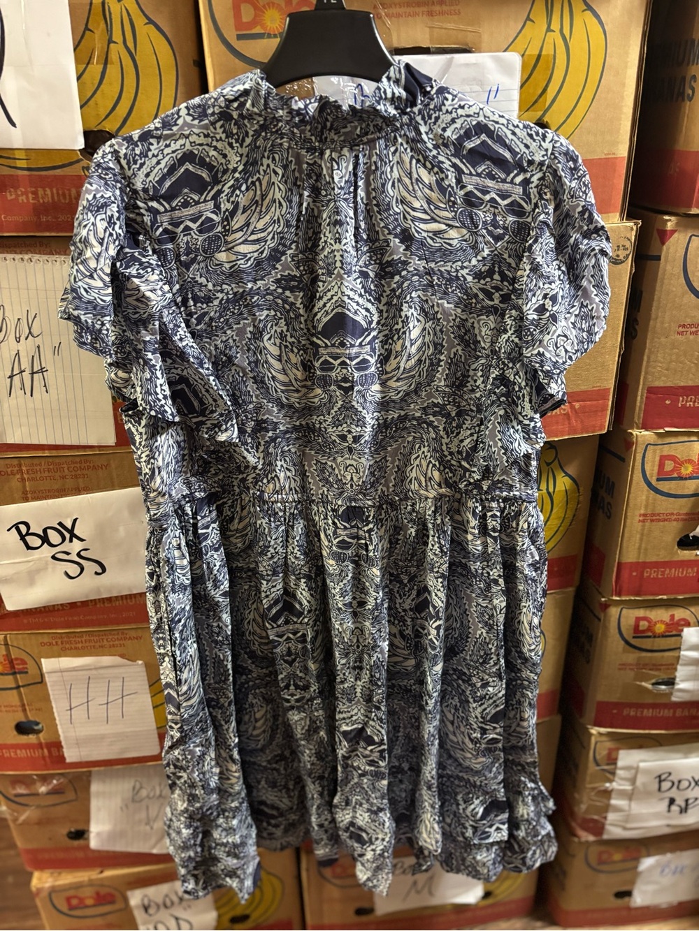 Sundance large v neck ruffle blue white paisley midi dress nautical beachy lined - Picture 4 of 8